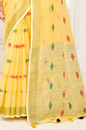 Yellow Linen Blend Saree With Blouse