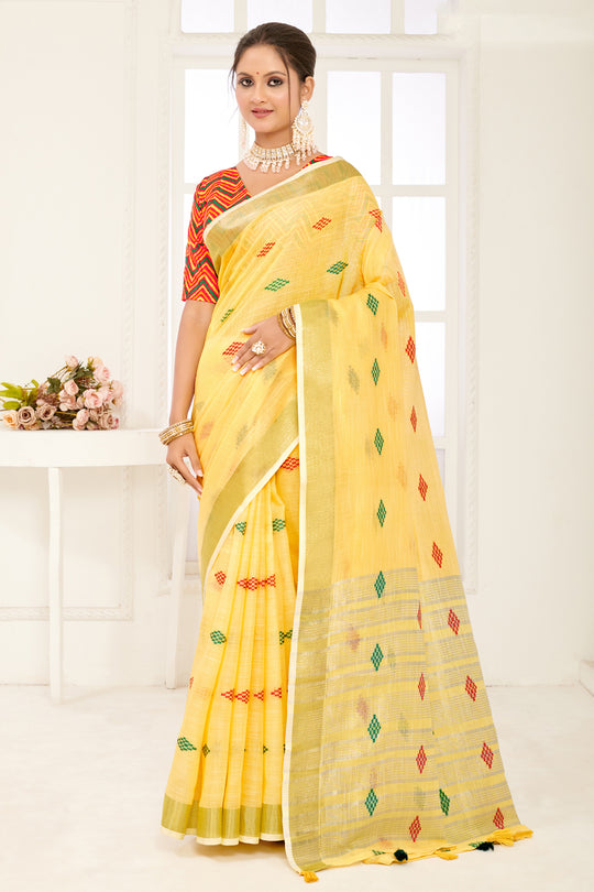 Yellow Linen Blend Saree With Blouse Yellow Linen Blend Saree With Blouse