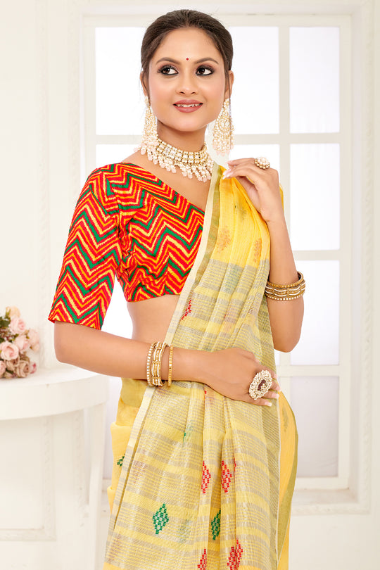 Yellow Linen Blend Saree With Blouse Yellow Linen Blend Saree With Blouse