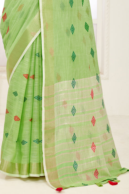 Green Linen Blend Saree With Blouse Green Linen Blend Saree With Blouse