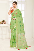 Green Linen Blend Saree With Blouse Green Linen Blend Saree With Blouse