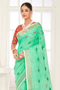 Sea Green Linen Blend Saree With Blouse Sea Green Linen Blend Saree With Blouse