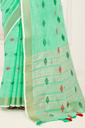 Sea Green Linen Blend Saree With Blouse Sea Green Linen Blend Saree With Blouse