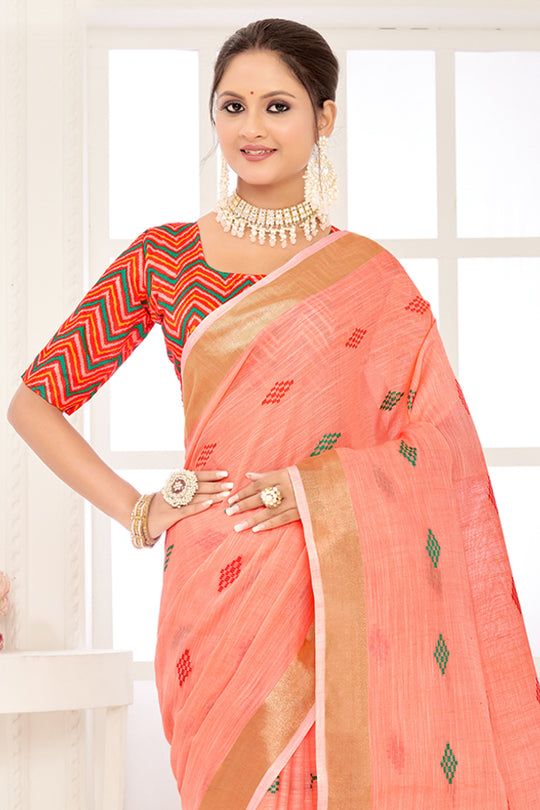 Peach Linen Blend Saree With Blouse Piece Peach Linen Blend Saree With Blouse Piece