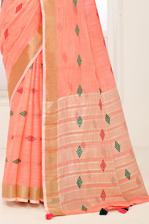 Peach Linen Blend Saree With Blouse Piece