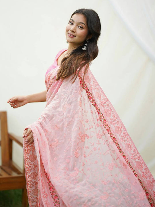 Peach Georgette Saree With Blouse Piece Peach Georgette Saree With Blouse Piece