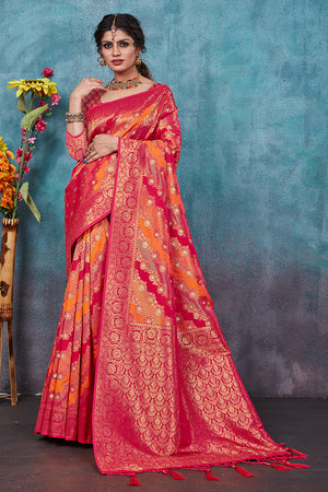 Orange & Magenta Banarasi Silk Saree With Blouse