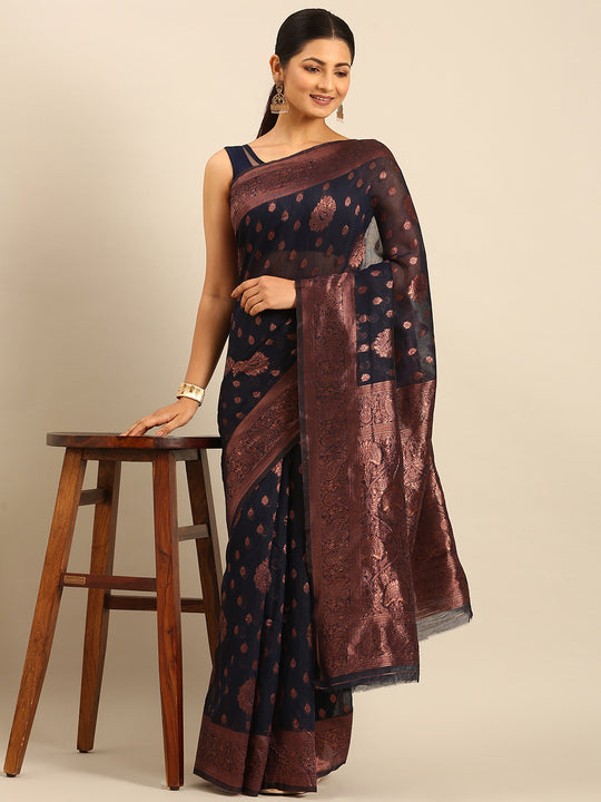 Navy Blue Cotton Saree With Blouse Piece Navy Blue Cotton Saree With Blouse Piece