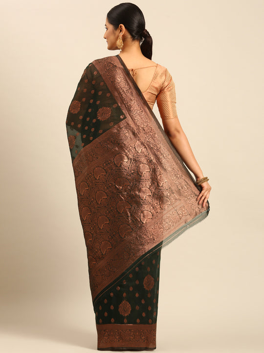 Bottle Green Cotton Saree With Blouse Piece Bottle Green Cotton Saree With Blouse Piece