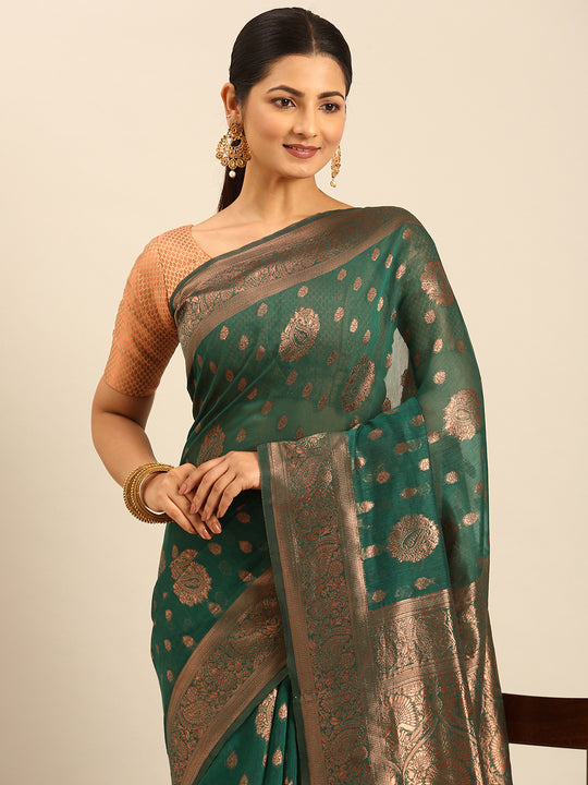 Green Cotton Saree With Blouse Piece Green Cotton Saree With Blouse Piece