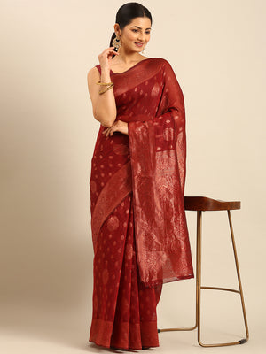 Maroon Cotton Saree With Blouse Piece
