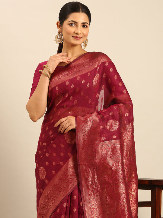 Magenta Cotton Saree With Blouse Piece Magenta Cotton Saree With Blouse Piece