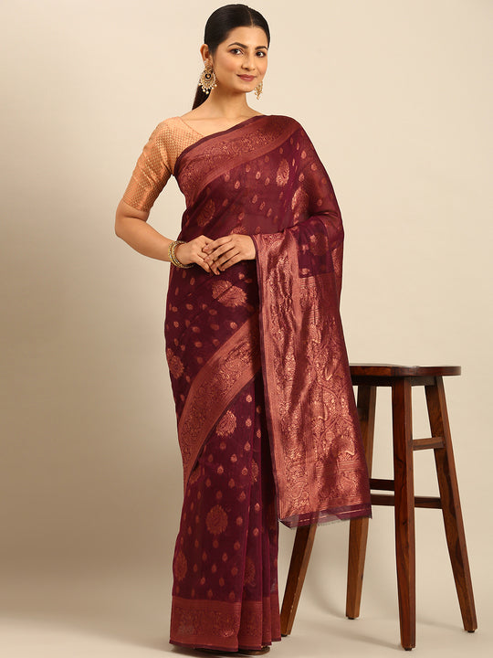 Burgundy Cotton Saree With Blouse Piece Burgundy Cotton Saree With Blouse Piece