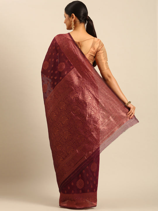 Burgundy Cotton Saree With Blouse Piece Burgundy Cotton Saree With Blouse Piece