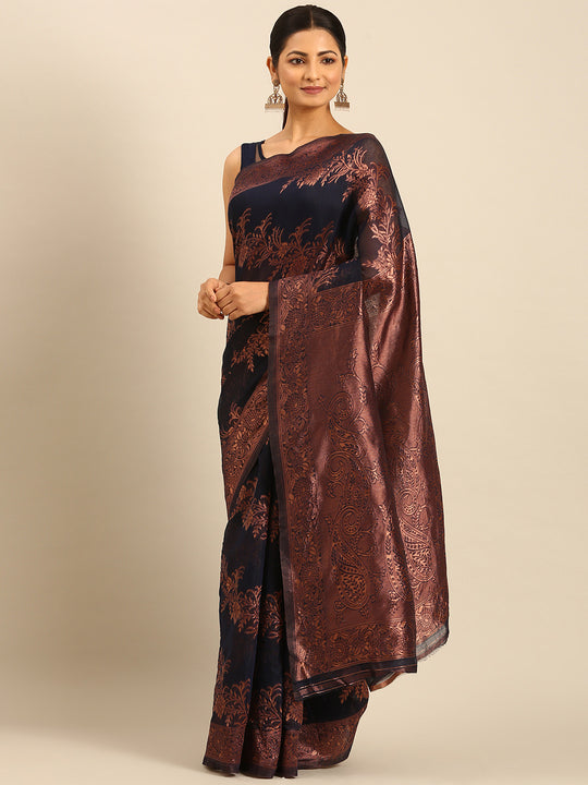 Navy Blue Cotton Saree With Blouse Piece Navy Blue Cotton Saree With Blouse Piece