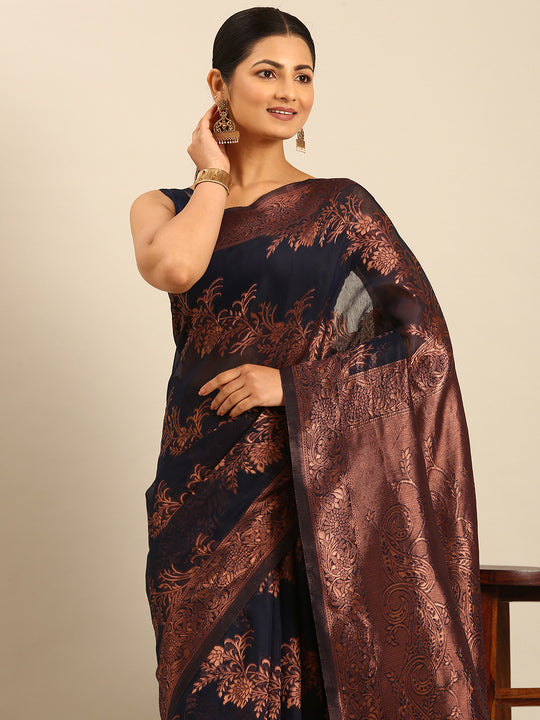 Navy Blue Cotton Saree With Blouse Piece Navy Blue Cotton Saree With Blouse Piece