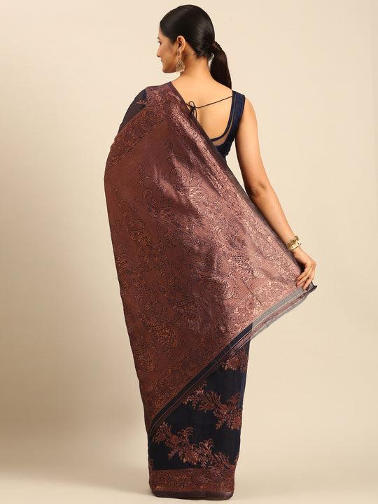 Navy Blue Cotton Saree With Blouse Piece Navy Blue Cotton Saree With Blouse Piece
