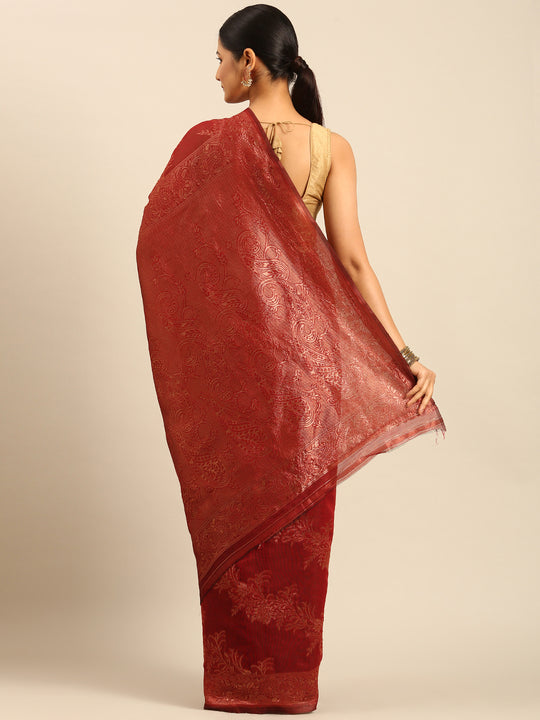 Red Cotton Saree With Blouse Piece Red Cotton Saree With Blouse Piece