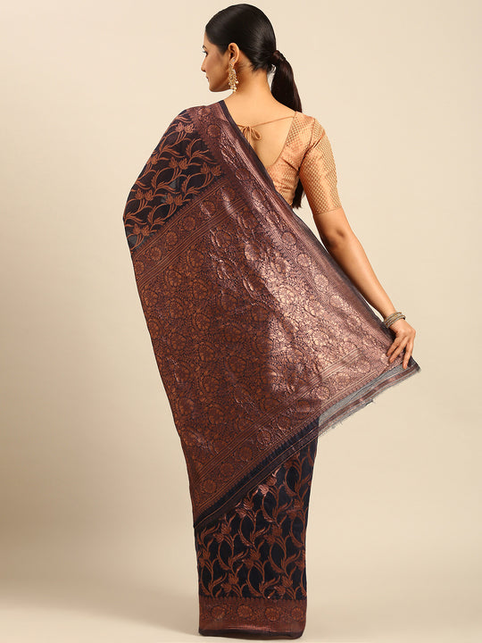 Navy Blue Cotton Saree With Blouse Piece Navy Blue Cotton Saree With Blouse Piece