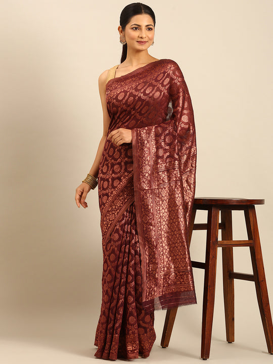 Wine Cotton Saree With Blouse Piece Wine Cotton Saree With Blouse Piece