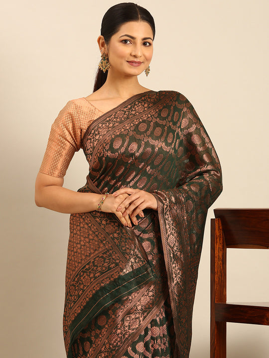 Dark Green Cotton Saree With Blouse Piece Dark Green Cotton Saree With Blouse Piece