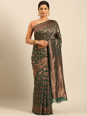 Bottle Green Cotton Saree With Blouse Piece