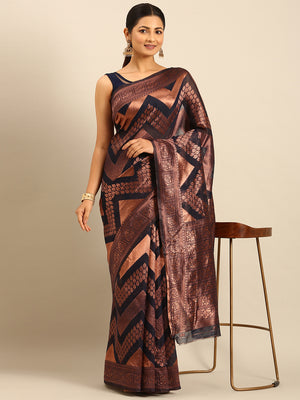 Navy Blue Cotton Saree With Blouse Piece