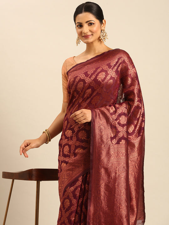 Burgundy Cotton Saree With Blouse Piece Burgundy Cotton Saree With Blouse Piece