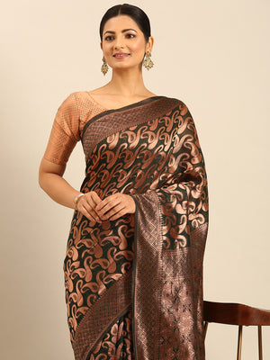 Bottle Green Cotton Saree With Blouse Piece