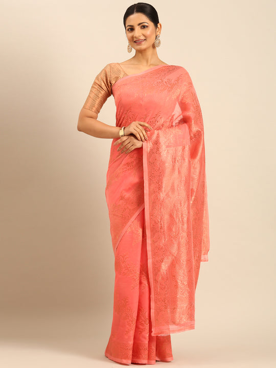 Peach Cotton Saree With Blouse Piece Peach Cotton Saree With Blouse Piece