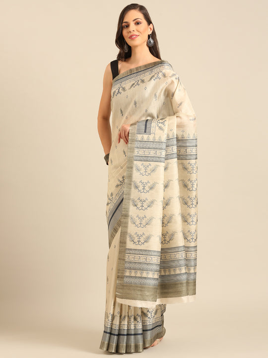 Cream Cotton Blend Saree With Blouse Piece Cream Cotton Blend Saree With Blouse Piece