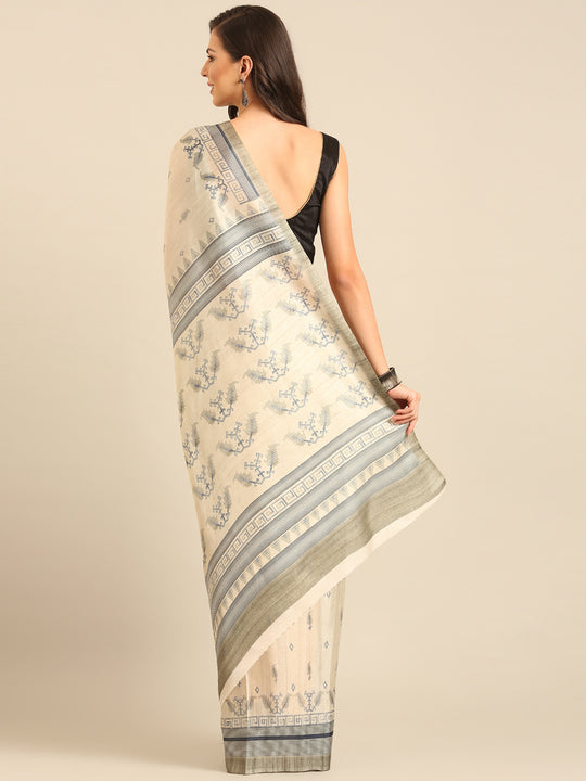 Cream Cotton Blend Saree With Blouse Piece Cream Cotton Blend Saree With Blouse Piece