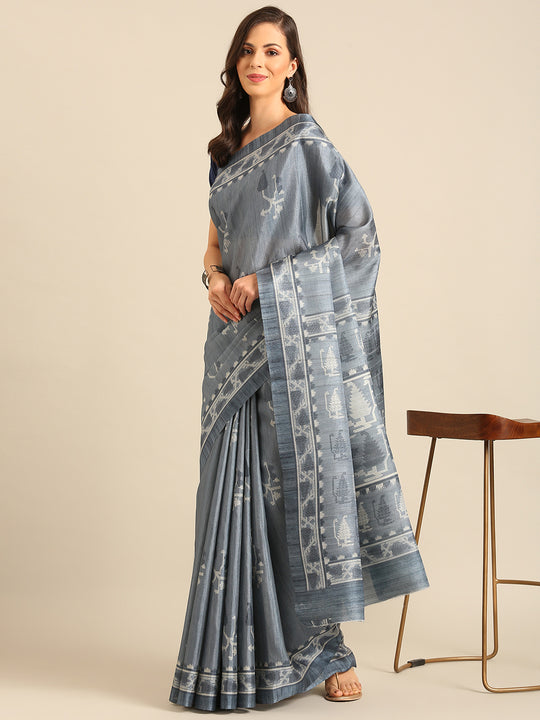 Grey Cotton Blend Saree With Blouse Piece Grey Cotton Blend Saree With Blouse Piece