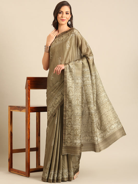 Olive Cotton Blend Saree With Blouse Piece Olive Cotton Blend Saree With Blouse Piece