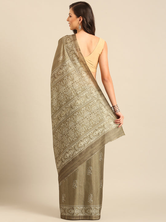 Olive Cotton Blend Saree With Blouse Piece Olive Cotton Blend Saree With Blouse Piece