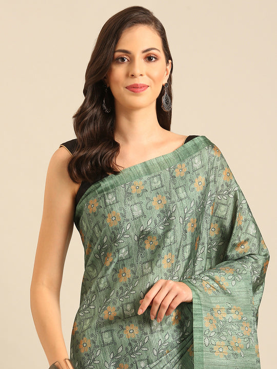Green Cotton Blend Saree With Blouse Piece Green Cotton Blend Saree With Blouse Piece