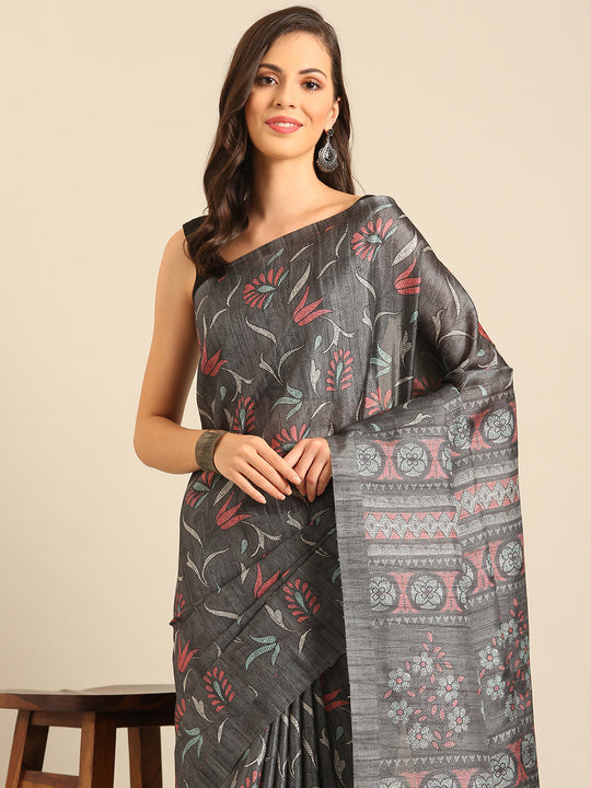Grey Cotton Blend Saree With Blouse Piece Grey Cotton Blend Saree With Blouse Piece