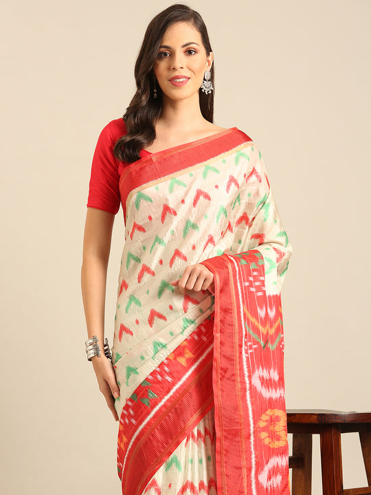 Cream Cotton Blend Saree With Blouse Piece Cream Cotton Blend Saree With Blouse Piece