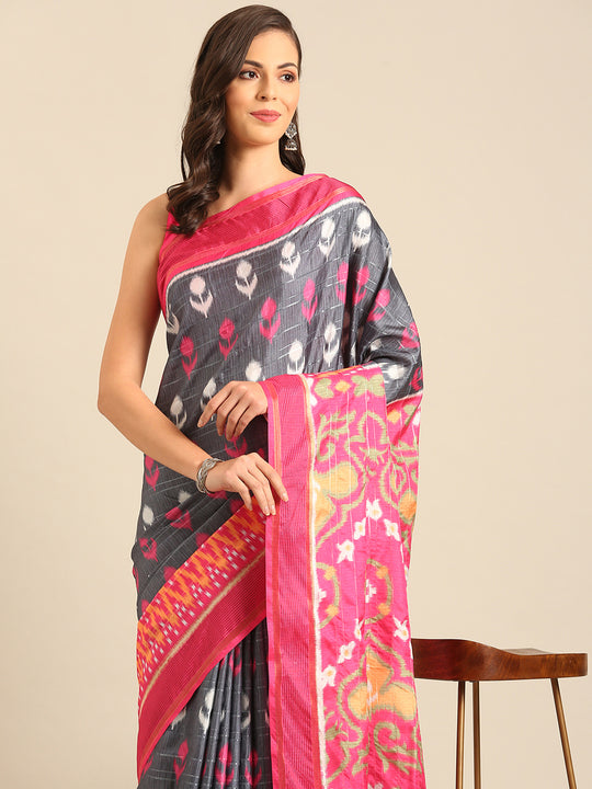 Grey Cotton Blend Saree With Blouse Piece Grey Cotton Blend Saree With Blouse Piece