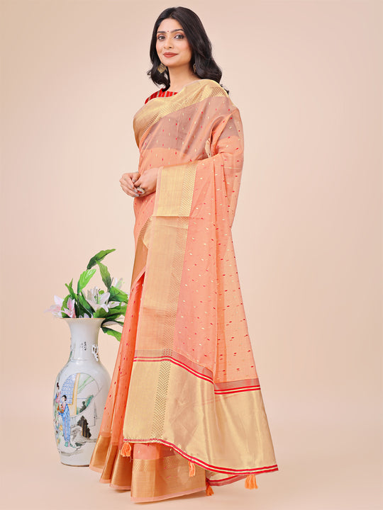 Peach Organza Saree With Blouse Piece Peach Organza Saree With Blouse Piece