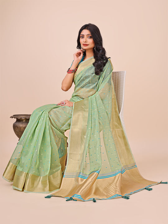 Green Organza Saree With Blouse Piece Green Organza Saree With Blouse Piece