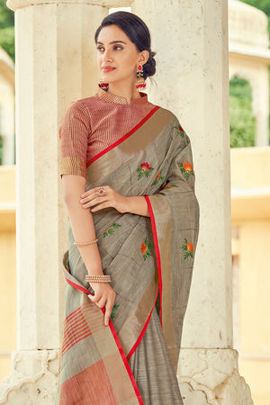 Steel Grey Linen Blend Saree