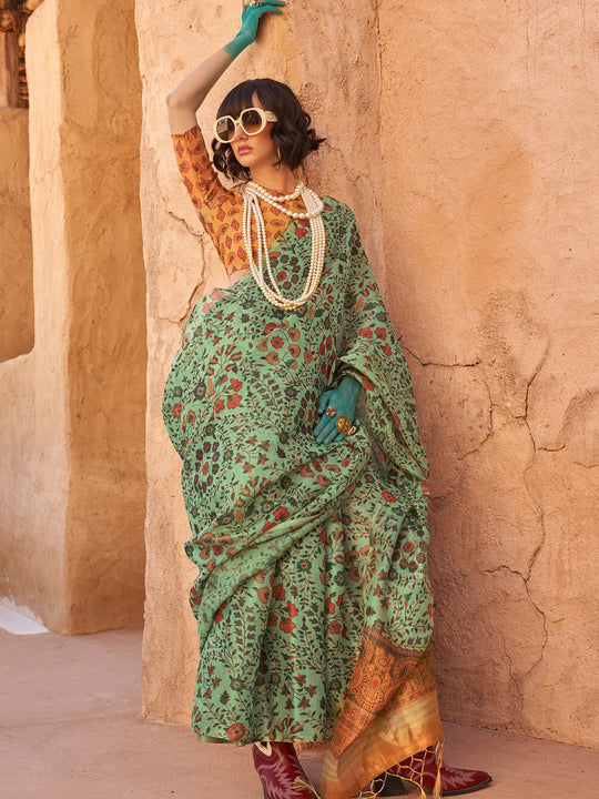Green Printed Zari Tissue Saree With Blouse Piece Green Printed Zari Tissue Saree With Blouse Piece