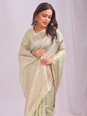 Light Green CASUAL CHECKS Organza Saree with Blouse Piece