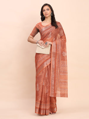 Rust SANSKRIT PRINTS Linen Cotton Saree with Blouse Piece