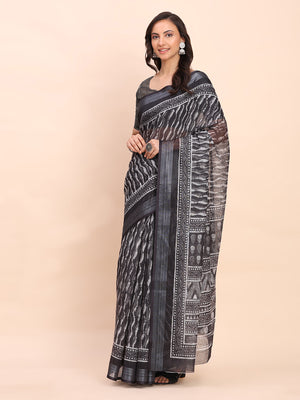 Black SANSKRIT PRINTS Linen Cotton Saree with Blouse Piece