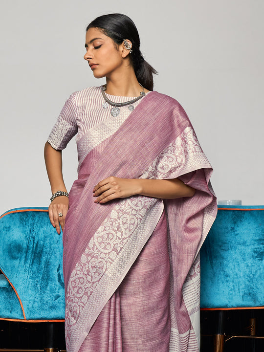 Purple Linen Saree With Blouse Piece Purple Linen Saree With Blouse Piece