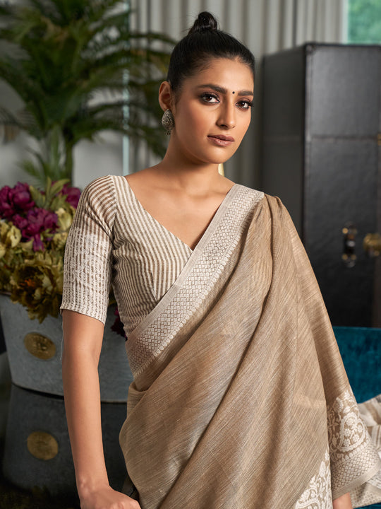 Beige Linen Saree With Blouse Piece Beige Linen Saree With Blouse Piece