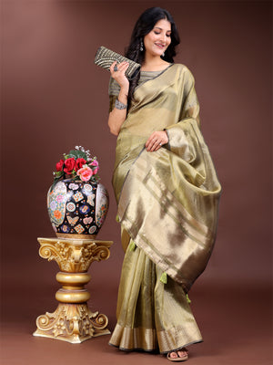 Mehndi Green Organza Saree With Blouse Piece