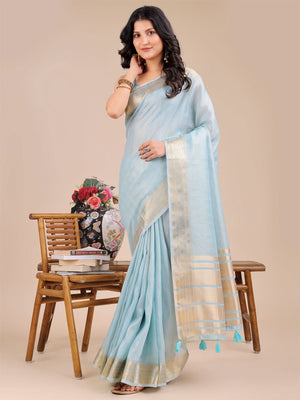 Sky Blue Organza Saree With Blouse Piece